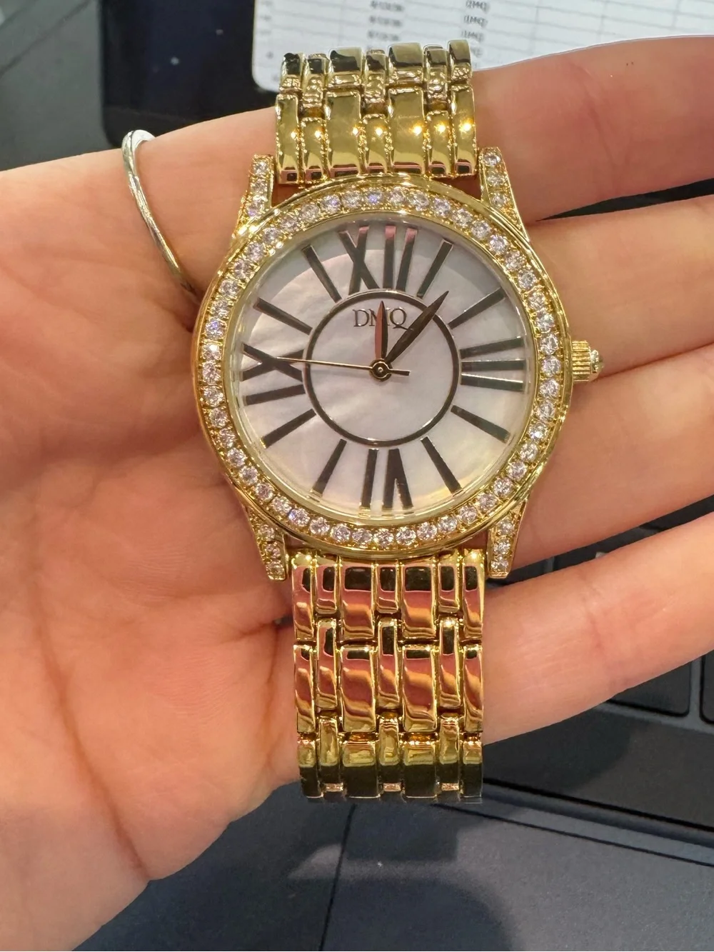 New Women's DMQ Gold Tone CZ Crystal Bezel Watch; Roman Numeral Face